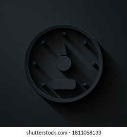 Paper cut Speedometer icon isolated on black background. Paper art style. Vector.