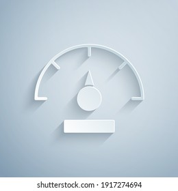 Paper cut Speedometer icon isolated on grey background. Paper art style. Vector.
