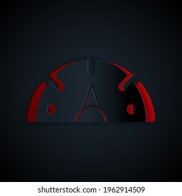 Papierschnitt-Speedometer-Symbol einzeln auf schwarzem Hintergrund. Kunststil aus Papier. Vektorgrafik