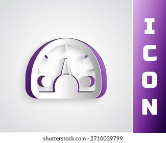 Icono del velocímetro del corte de papel aislado en fondo gris. Estilo de arte de papel. Vector