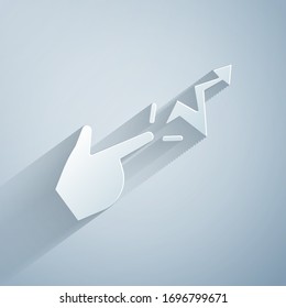 Paper cut Spell icon isolated on grey background. The sorcerer hand performing spells. Paper art style. Vector Illustration