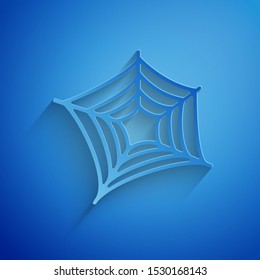Paper cut Spider web icon isolated on blue background. Cobweb sign. Happy Halloween party. Paper art style. Vector Illustration