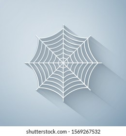 Paper cut Spider web icon isolated on grey background. Cobweb sign. Paper art style. Vector Illustration