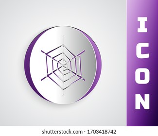 Paper cut Spider web icon isolated on grey background. Cobweb sign. Happy Halloween party. Paper art style. Vector Illustration
