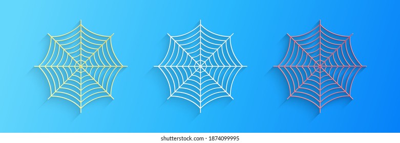 Paper cut Spider web icon isolated on blue background. Cobweb sign. Paper art style. Vector.