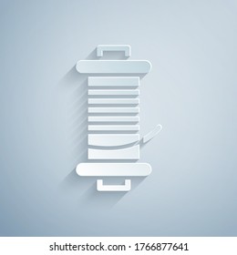 Paper cut Spinning reel for fishing icon isolated on grey background. Fishing coil. Fishing tackle. Paper art style. Vector