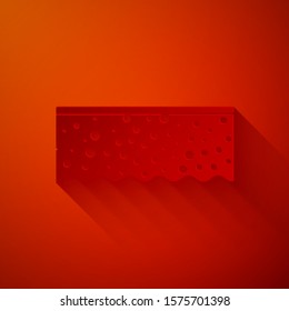 Paper cut Sponge with bubbles icon isolated on red background. Wisp of bast for washing dishes. Cleaning service logo. Paper art style. Vector Illustration