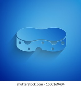 Paper cut Sponge icon isolated on blue background. Wisp of bast for washing dishes. Cleaning service concept. Paper art style. Vector Illustration