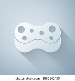Paper cut Sponge icon isolated on grey background. Wisp of bast for washing dishes. Cleaning service logo. Paper art style. Vector