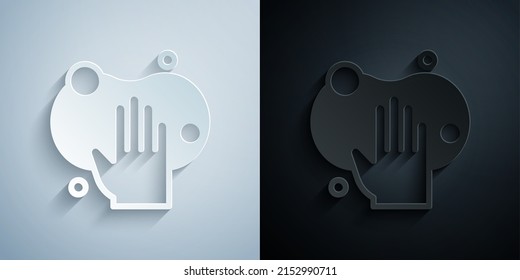 Paper cut Sponge icon isolated on grey and black background. Wisp of bast for washing dishes. Cleaning service logo. Paper art style. Vector