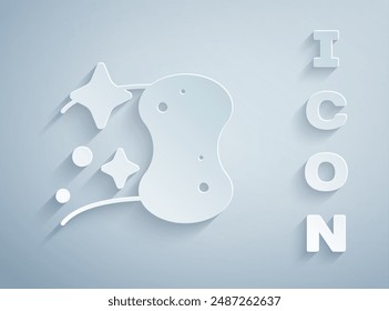 Paper cut Sponge icon isolated on grey background. Wisp of bast for washing dishes. Cleaning service logo. Paper art style. Vector