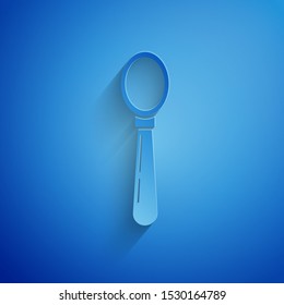 Paper cut Spoon icon isolated on blue background. Cooking utensil. Cutlery sign. Paper art style. Vector Illustration