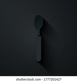 Papierschnitt-Spoon-Symbol einzeln auf schwarzem Hintergrund. Kochutensilien. Farbzeichen. Kunststil aus Papier. Vektorgrafik