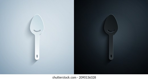 Paper cut Spoon icon isolated on grey and black background. Cooking utensil. Cutlery sign. Paper art style. Vector