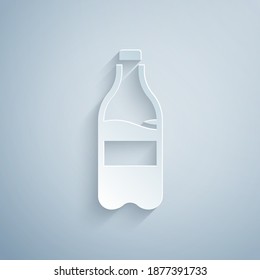Paper cut Sport bottle with water icon isolated on grey background. Paper art style. Vector.