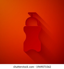 Paper cut Sport bottle with water icon isolated on red background. Paper art style. Vector