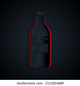 Paper cut Sport bottle with water icon isolated on black background. Paper art style. Vector