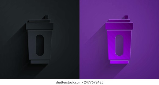 Paper cut Sport bottle with water icon isolated on black on purple background. Paper art style. Vector