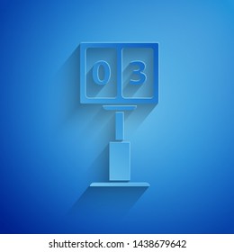 Paper cut Sport football mechanical scoreboard and result display icon isolated on blue background. Paper art style. Vector Illustration