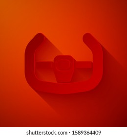 Paper cut Sport steering wheel icon isolated on red background. Car wheel icon. Paper art style. Vector Illustration