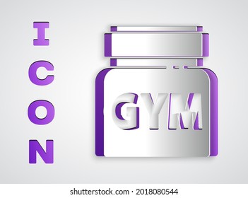 Paper cut Sports nutrition bodybuilding proteine power drink and food icon isolated on grey background. Paper art style. Vector