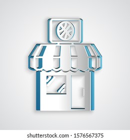 Paper cut Sports shop and basketball ball icon isolated on grey background. Sport store. Paper art style. Vector Illustration