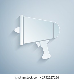 Paper cut Spread the word, megaphone icon isolated on grey background. Paper art style. Vector Illustration