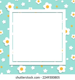 Fondo del marco cuadrado floral del muelle de corte de papel. Flores blancas en la ilustración del vector de fondo en color cian