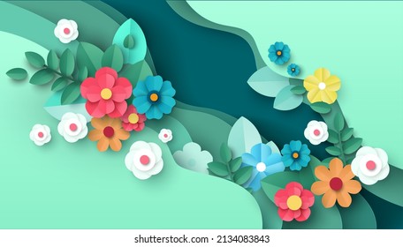 Paper cut spring flowers and leaves, vector illustration. Fresh spring nature background. Floral banner, poster, flyer template with copy space.