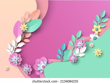 El papel cortó flores y hojas de primavera, ilustración vectorial. Fondo de primavera. Banner floral, afiche, plantilla de volante con espacio de copia.