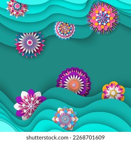 Paper cut spring flowers in shape of water spot. Fresh spring nature background. Floral banner, poster, flyer template. Colorful buds with different pettals on blue fond, origami flower decoration