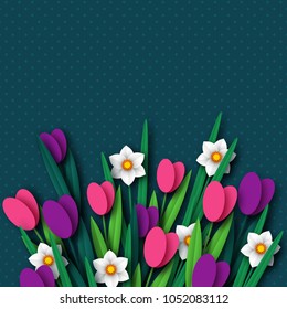 Paper cut spring flowers tulip and narcissus. Template for greeting card, holiday background. Papercraft style. Vector illustration.