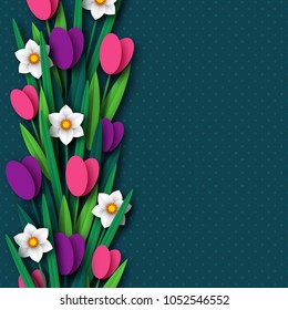 Paper cut spring flowers tulip and narcissus. Template for greeting card, holiday background. Papercraft style. Vector illustration.