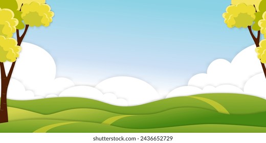 Paper cut Spring green field landscape with mountain,cloud layer on blue sky background,Panorama digital craft style Summer rural nature with green grass land.Cartoon vector illustration 