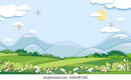 Paper cut Spring landscape with sun, clouds, hot air balloon, flower field, mountain on blue sky background.Green summer nature backdrop panorama flat paper art cartoon for holiday banner, advertising