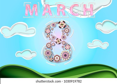 Paper cut spring scenery as woman's day poster, banner, background, sales.Stylish papercut flowers neatly organized in number eight, clouds on a peaceful background.For 8 march, woman's day. Vector.