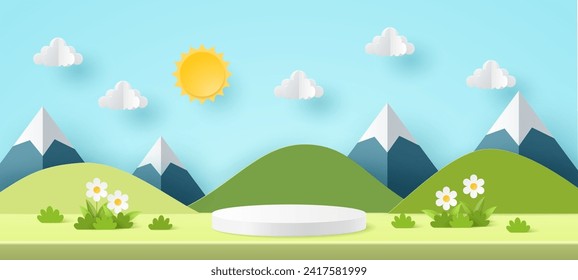 Temporada de verano de corte de papel con podio de cilindro blanco, sol, nubes, montaña sobre fondo cielo azul. Entorno de paisaje natural verde para la presentación de productos publicitarios,presentación.