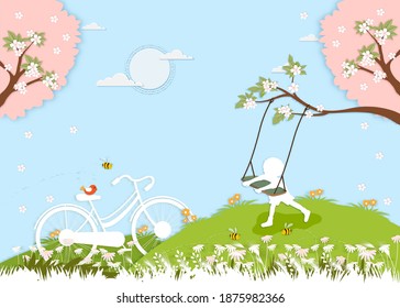 Paper cut Spring village landscape little boy playing swing under sakura tree with vintage bike,Vector paper art kid playing in the park,bird standing on bicycle with cherry blossom in sunny day.