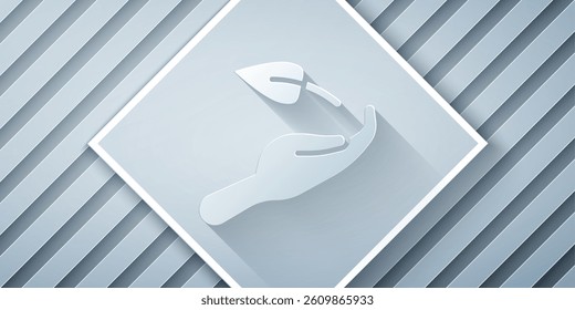 Paper cut Sprout in hand of environmental protection icon isolated on grey background. Seed and seedling. Planting sapling. Ecology concept. Paper art style. Vector