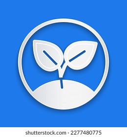 Paper cut Sprout icon isolated on blue background. Seed and seedling. Leaves sign. Leaf nature. Paper art style. Vector