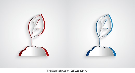 Icono de brote cortado en papel aislado sobre fondo gris. Semillas y plántulas. Señal de hojas. Naturaleza de la hoja. Estilo de arte de papel. Vector