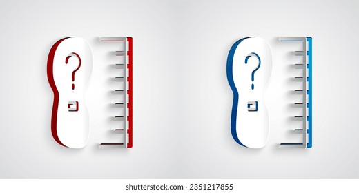 Paper cut Square measure foot size icon isolated on grey background. Shoe size, bare foot measuring. Paper art style. Vector