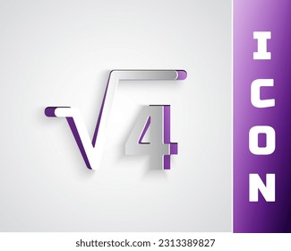 Paper cut Square root of 4 glyph icon isolated on grey background. Mathematical expression. Paper art style. Vector