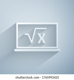 Paper cut Square root of x glyph on chalkboard icon isolated on grey background. Mathematical expression. Paper art style. Vector