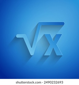 Paper cut Square root of x glyph icon isolated on blue background. Mathematical expression. Paper art style. Vector