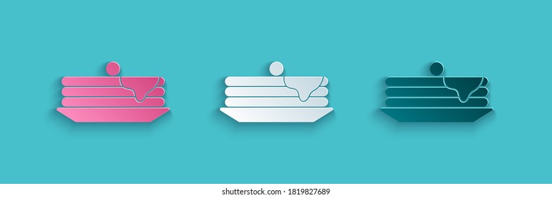 Paper cut Stack of pancakes icon isolated on blue background. Baking with syrup and cherry. Breakfast concept. Paper art style. Vector Illustration