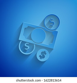 Paper cut Stacks paper money cash and coin money with dollar symbol icon isolated on blue background. Money banknotes stacks. Paper art style. Vector Illustration