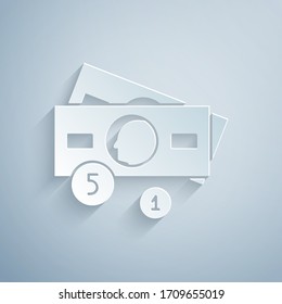 Paper cut Stacks paper money cash icon isolated on grey background. Money banknotes stacks. Bill currency. Paper art style. Vector Illustration