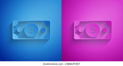 Paper cut Stacks paper money cash icon isolated on blue and purple background. Money banknotes stacks. Bill currency. Paper art style. Vector