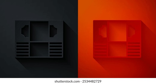 Paper cut Stacks paper money cash icon isolated on black and red background. Money banknotes stacks. Bill currency. Paper art style. Vector